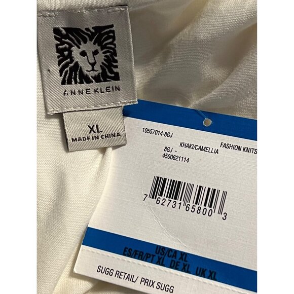 Anne Klein Women Blouse Top XL Stripe White Tan Khaki Short Sleeve Scoop New - Picture 7 of 9